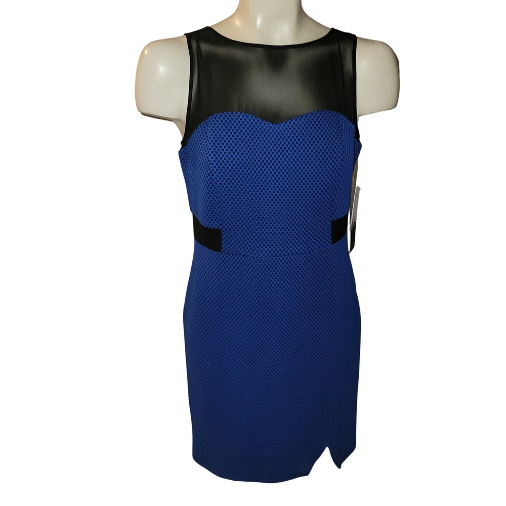 Kensie NEW Blue Black Mesh Sheer Neck Sleeveless Sheath Dress S going out sexy